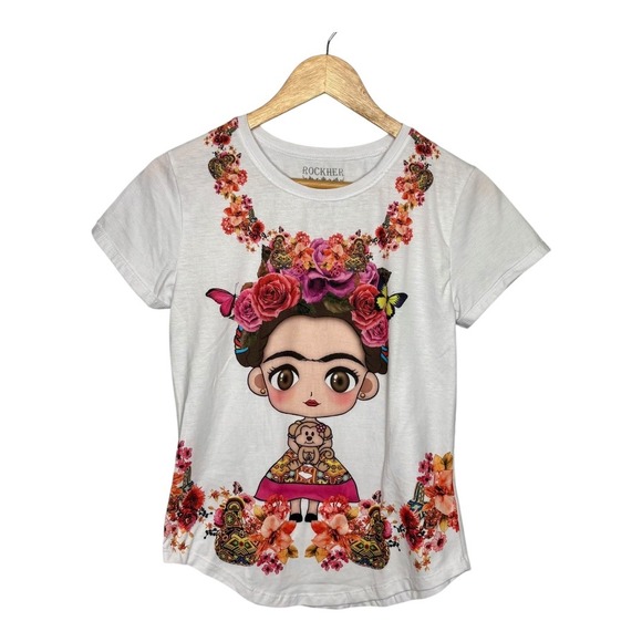 ROCKHER Frida Kahlo Graphic T-Shirt Floral Print Top‎ Tee Women Size Medium - Picture 1 of 7